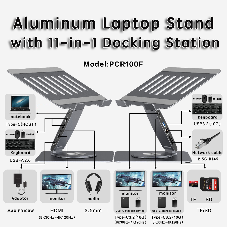 PCR100F aluminum laptop stand with docking station