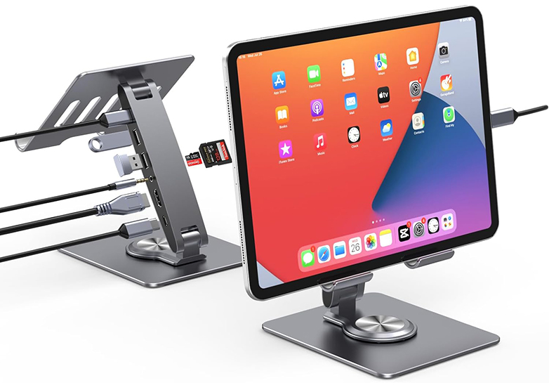 aluminum foldable 7-in-1 iPad stand with docking station integrated