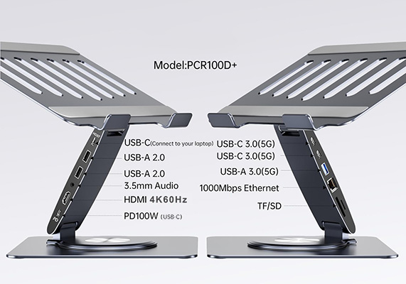 PCR100D+ laptop stand with USB-C docking station